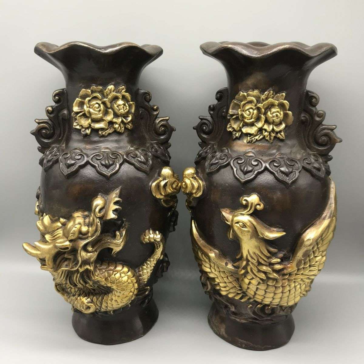 纯铜龙凤花瓶摆件仿古点金花瓶一对家居客厅工艺品装饰品摆设