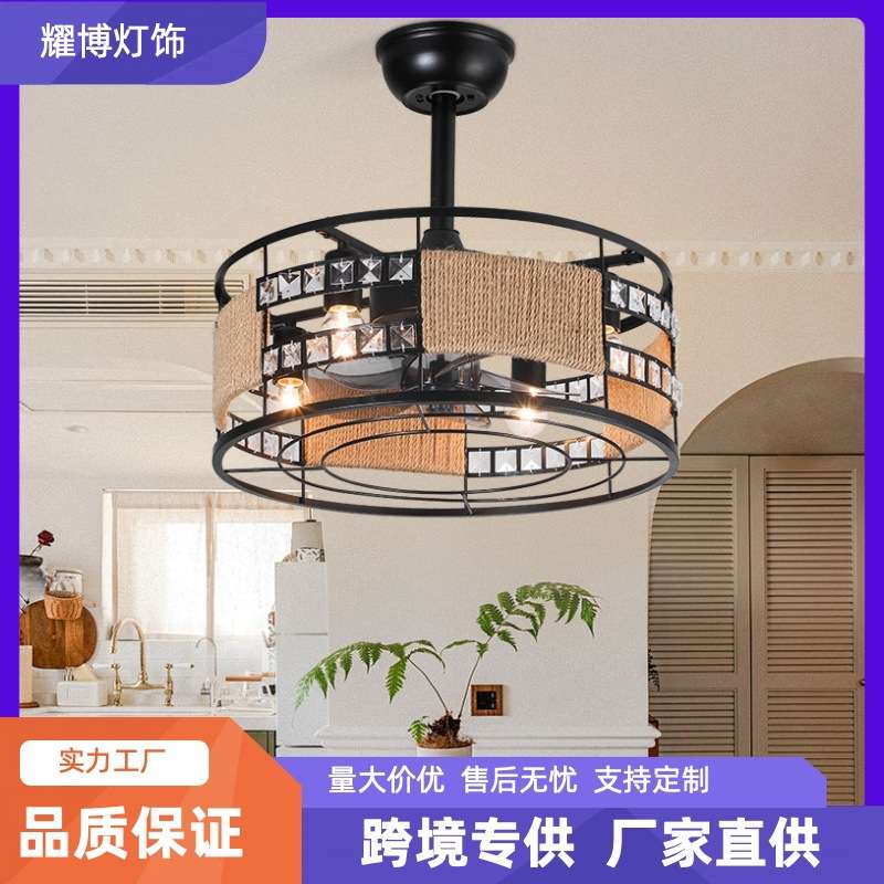 跨境美式复古吊扇工业铁艺卧室餐厅造型天花板一体吸顶吊顶风扇灯