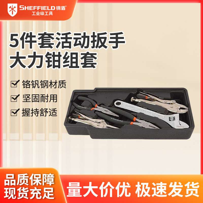 钢盾S025029大力钳套装5件套活动扳手大力钳组合钢丝钳尖嘴钳