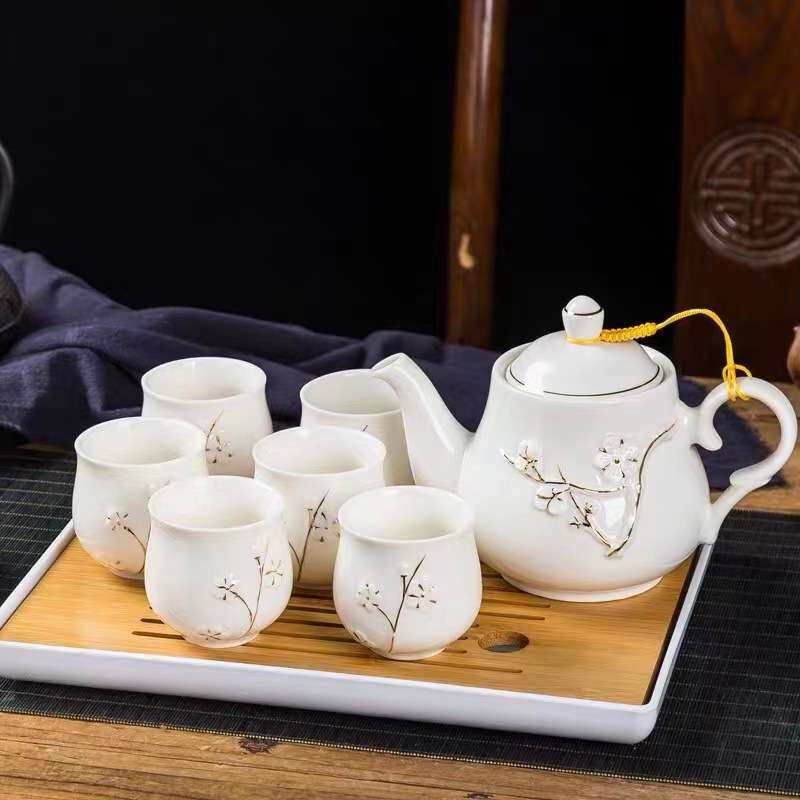 提梁壶茶具套装家用陶瓷景德镇手工描金大号茶壶茶杯简约送礼托盘