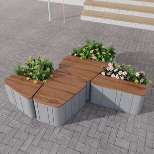 户外不锈钢花箱坐凳组合步行街道休闲防腐木座椅公园售楼部长凳椅