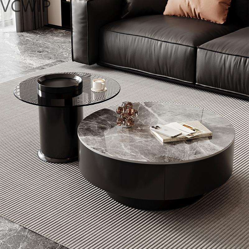 意式轻奢客厅家用小户型圆形简约高级现代茶桌岩板黑色茶几组lyd