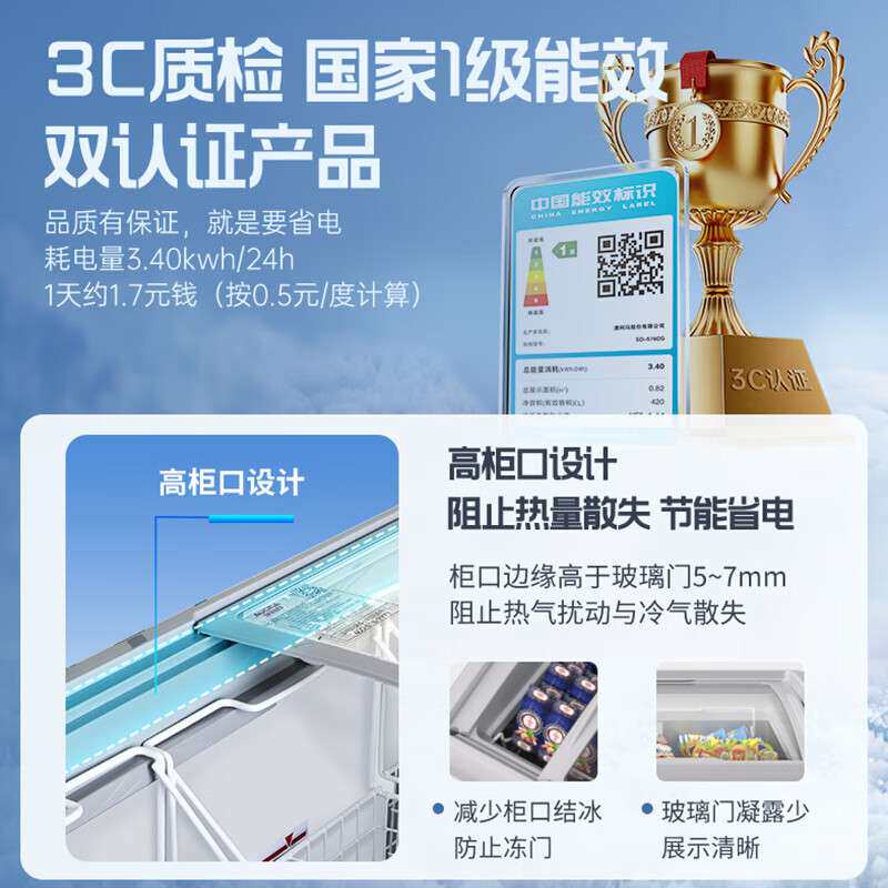 澳柯玛冰柜展示柜商用小型冷柜 平面钢化玻璃 推拉门 商超雪糕柜