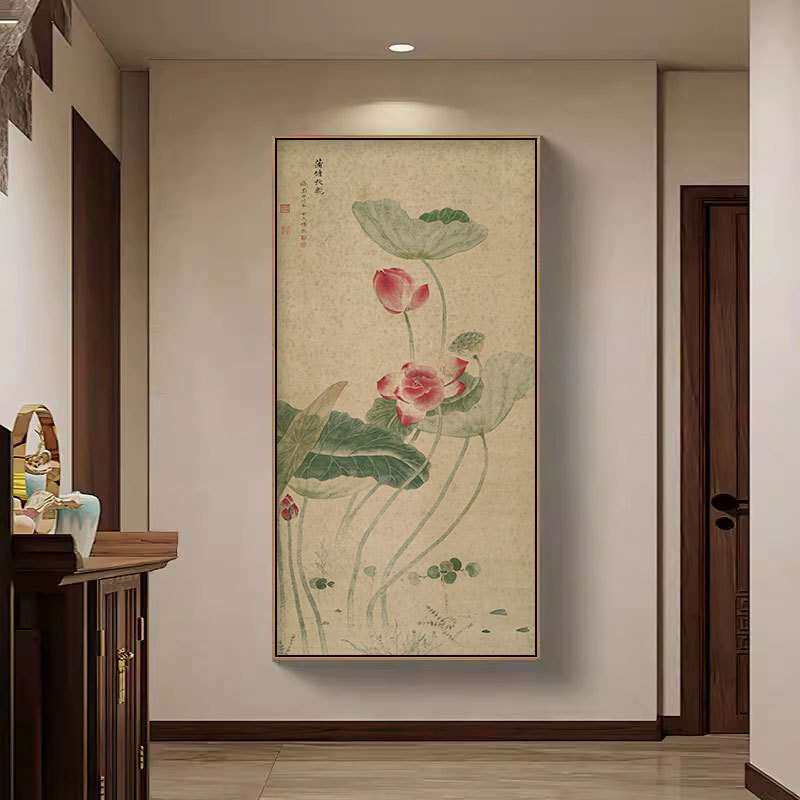 清 恽冰 蒲塘秋艳图 荷花国画装饰画挂新中式仿古壁画客厅茶室