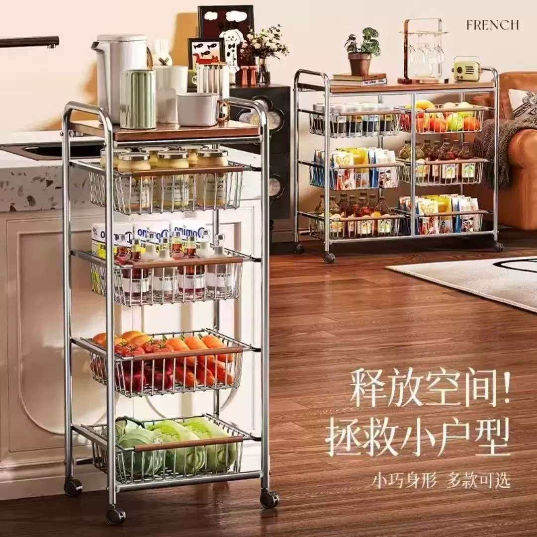 家用复古收纳小推车客厅移动整理架子厨房蔬菜水果落地多层置物架