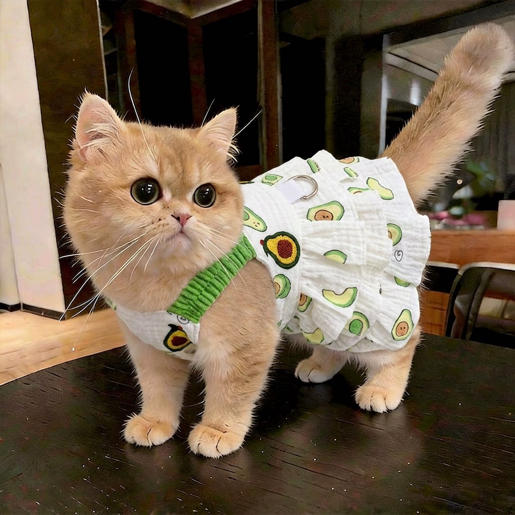 小猫咪衣服夏季薄款牛油果连衣裙