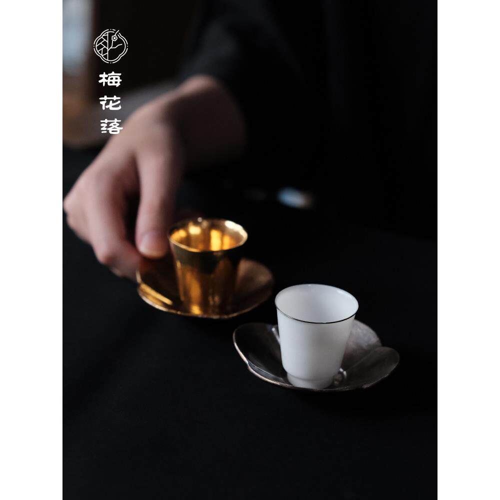 梅花落月杯垫银釉金釉杯碟杯垫陶瓷杯碟花形茶垫配件葛玲玉手工制