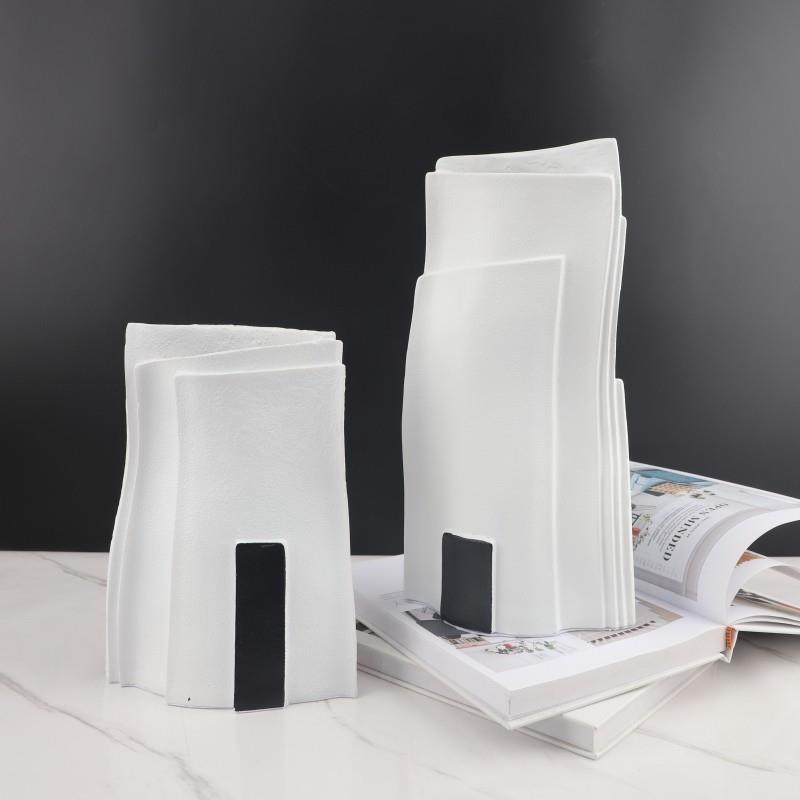 现代简约黑白几何扁形花器树脂摆件客厅玄关酒店软装家居软装花瓶