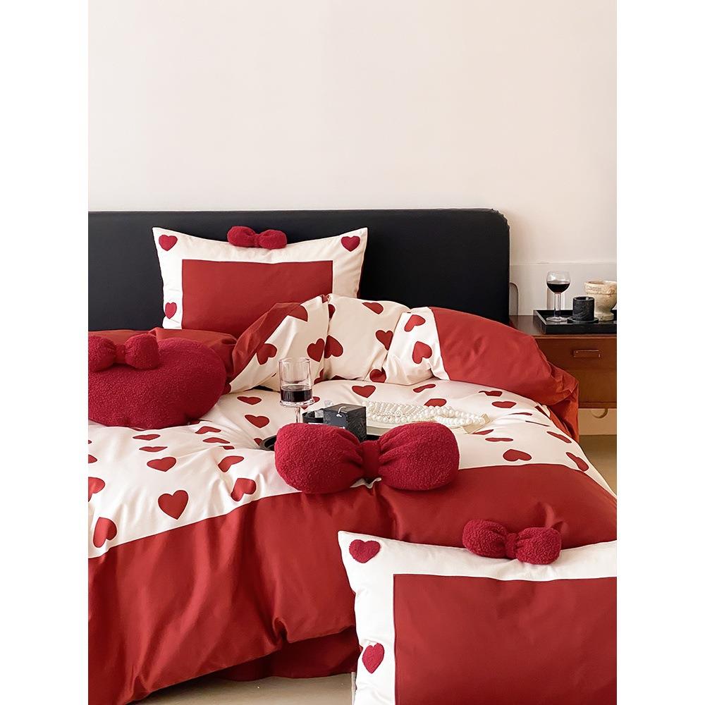 高档100支长绒棉丨小清新结婚庆四件套新婚嫁红色床单被套床品