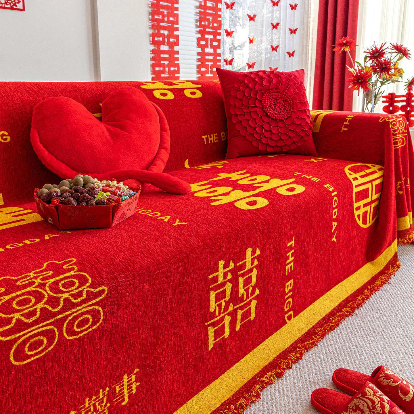 2026新款中式大红色喜庆沙发盖布四季通用沙发套罩盖巾结婚婚礼毯