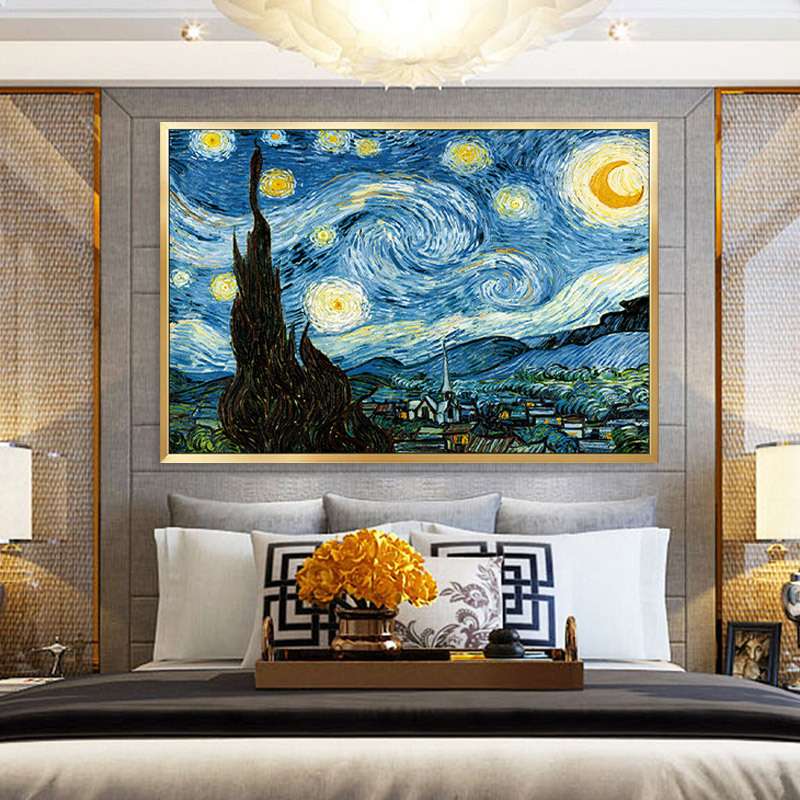 梵高油画鸢尾花丰收星月夜卧室床头挂画客厅沙发背后墙上装饰壁画