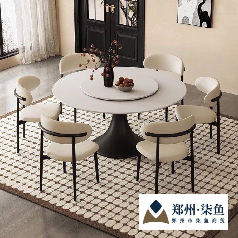 轻奢法式圆形餐桌餐桌椅组合岩板转盘简约圆桌小户型现代家用饭桌
