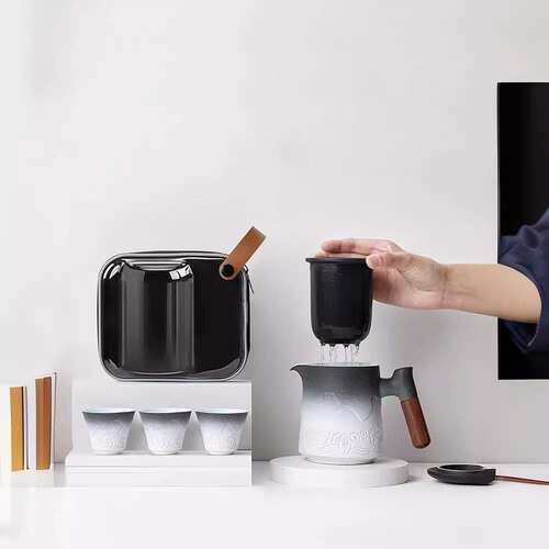 山海观便携式旅行茶具套装陶瓷一壶三杯户外功夫泡茶快客杯