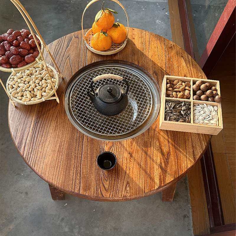 老榆木围炉煮茶桌户外阳台庭院冰茶桌烧烤桌电家用室内实木小圆桌,3C数码配件,USB灯,淘宝优惠券,粉丝福利购,淘宝优惠卷