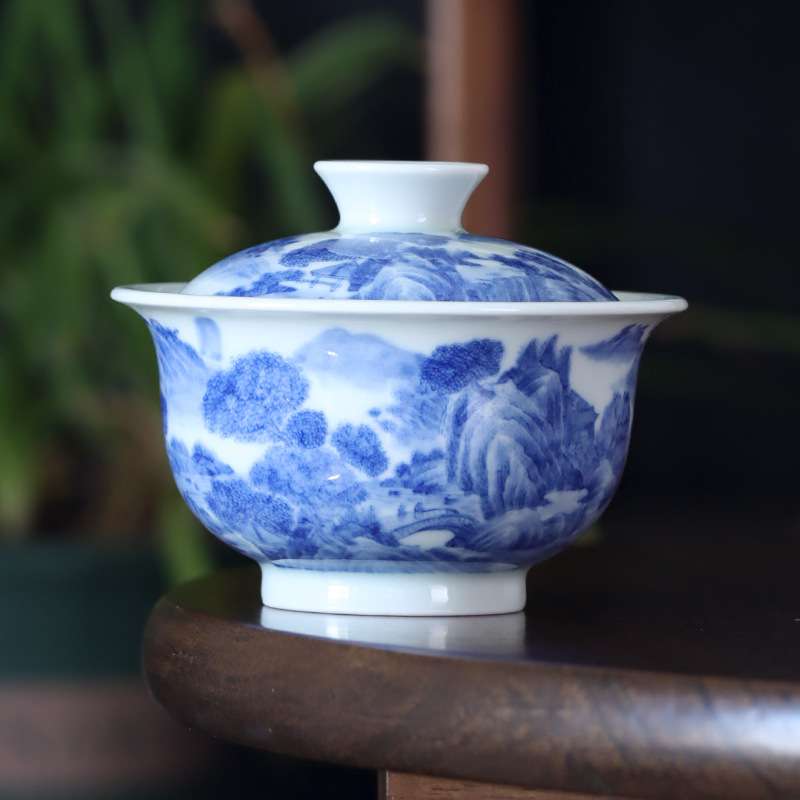手绘青花瓷山水二才盖碗单个复古泡茶碗手绘泡茶器中式茶具敬茶碗