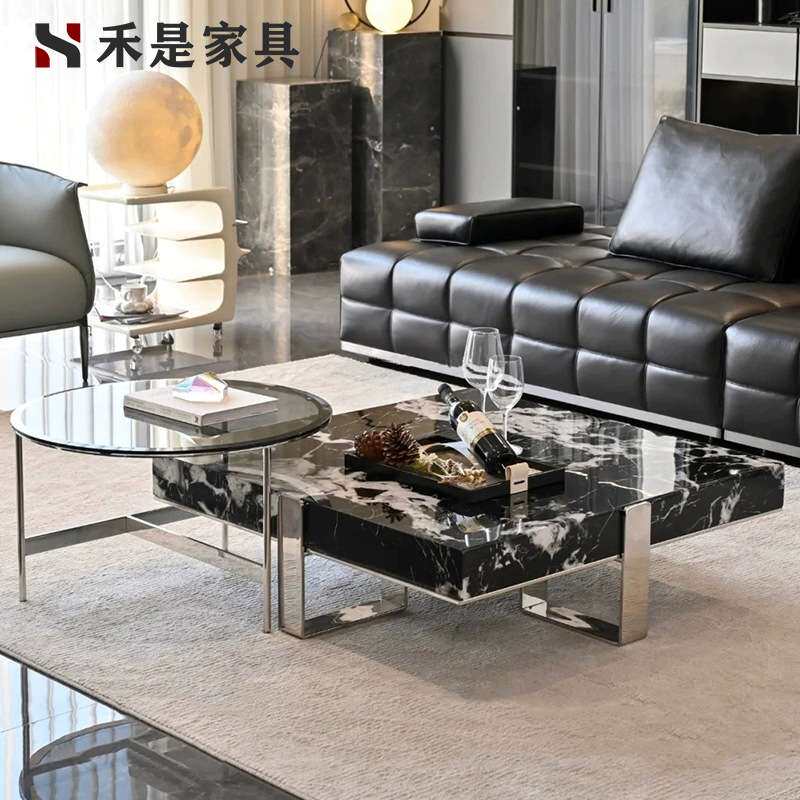 意式极简大理石茶几组合客厅家用轻奢简约设计师新款方茶几不锈钢