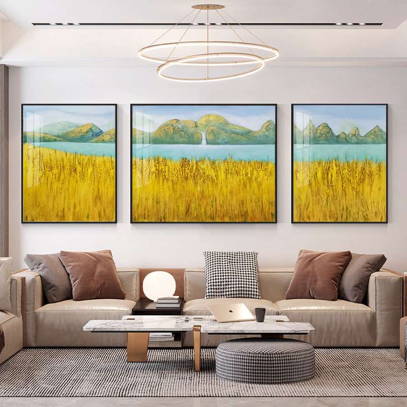 纯手绘海岸黄金麦装饰画沙发墙挂画现代三联立体肌理风景油画背景