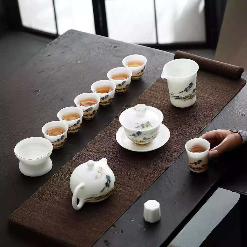 冰种玉瓷素烧茶具套装德化盖碗羊脂玉高档礼瓷千里江山茶具