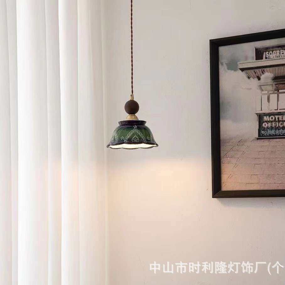 中古风过道灯陶瓷吸顶灯法式复古南洋风实木入户玄关灯走廊小吊灯