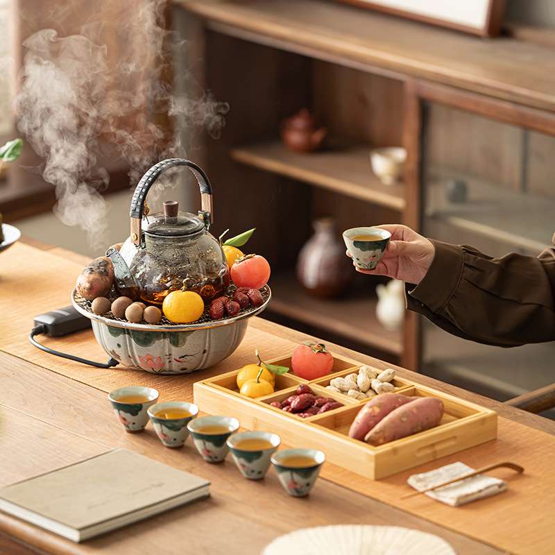 电陶炉围炉煮茶家用室内耐高温蒸煮玻璃茶壶高端套装茶杯手绘陶瓷
