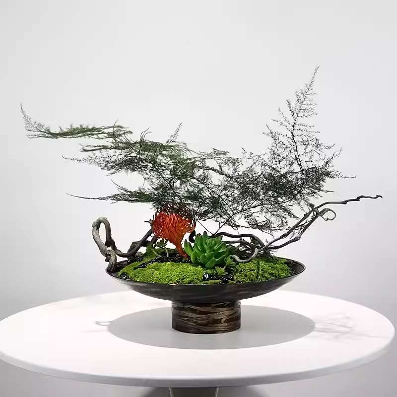 新中式现代酒店餐厅客厅大餐桌仿真花艺干花永生苔藓桌面绿植摆件