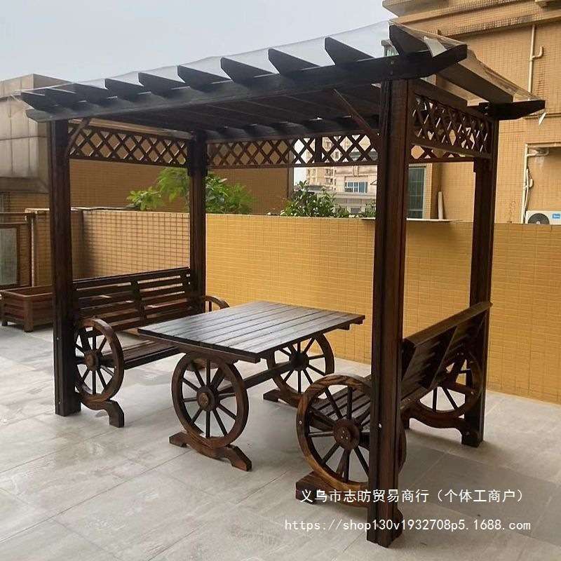 户外防腐木葡萄架秋千爬藤架庭院实木桌椅花园碳化木室外露台凉亭