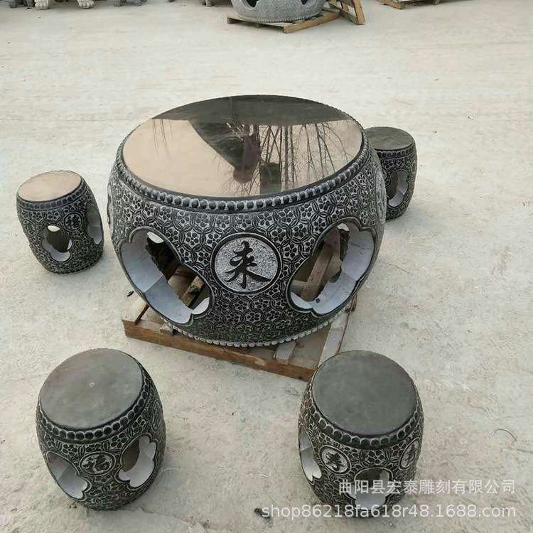厂家石桌石凳大理石桌椅青石鼓形石桌凳仿古室外庭院花园摆件