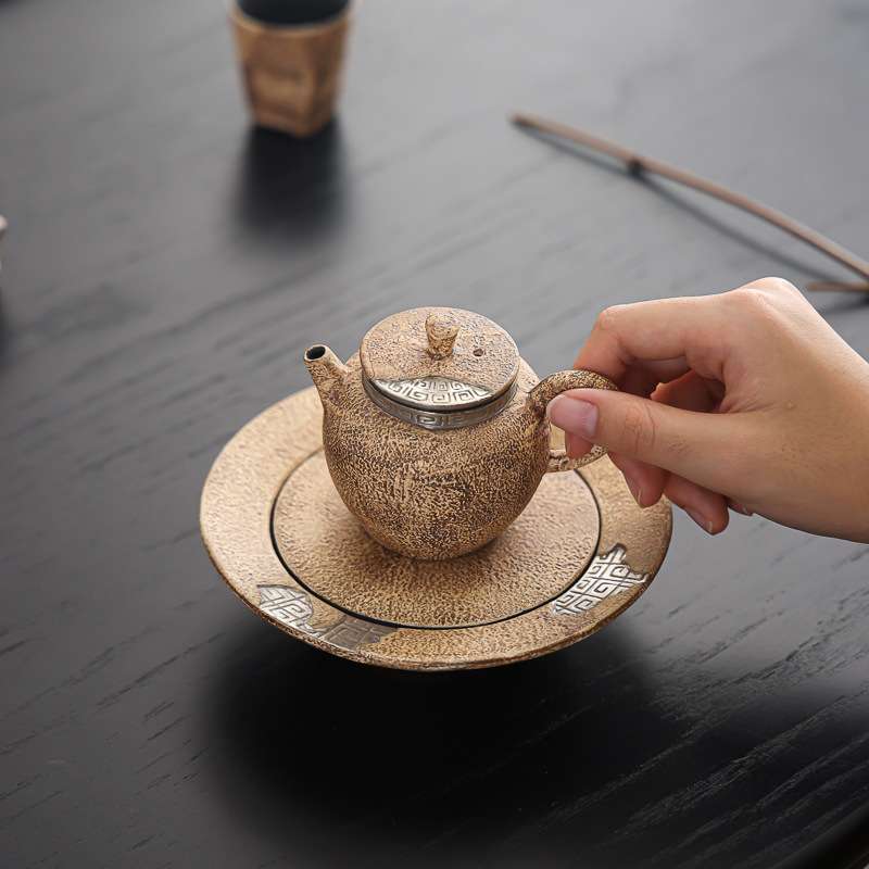 复古高颜值粉引红储水壶承陶瓷单茶台小号干泡盘建水鎏银茶具配件