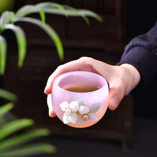 琉璃粉色女士茶杯陶瓷茶具冰花主人杯个人专用茶盏单杯子禅定杯