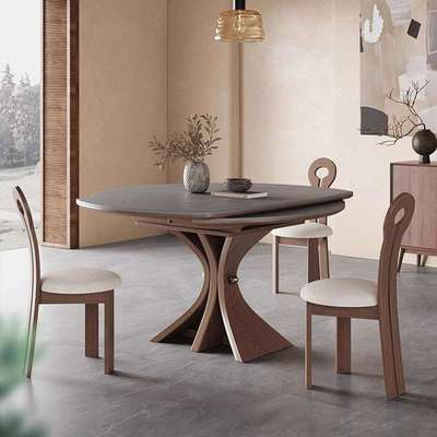 岩板实木餐桌可变圆桌中古风家用小户型2025新款伸缩折叠圆形饭桌