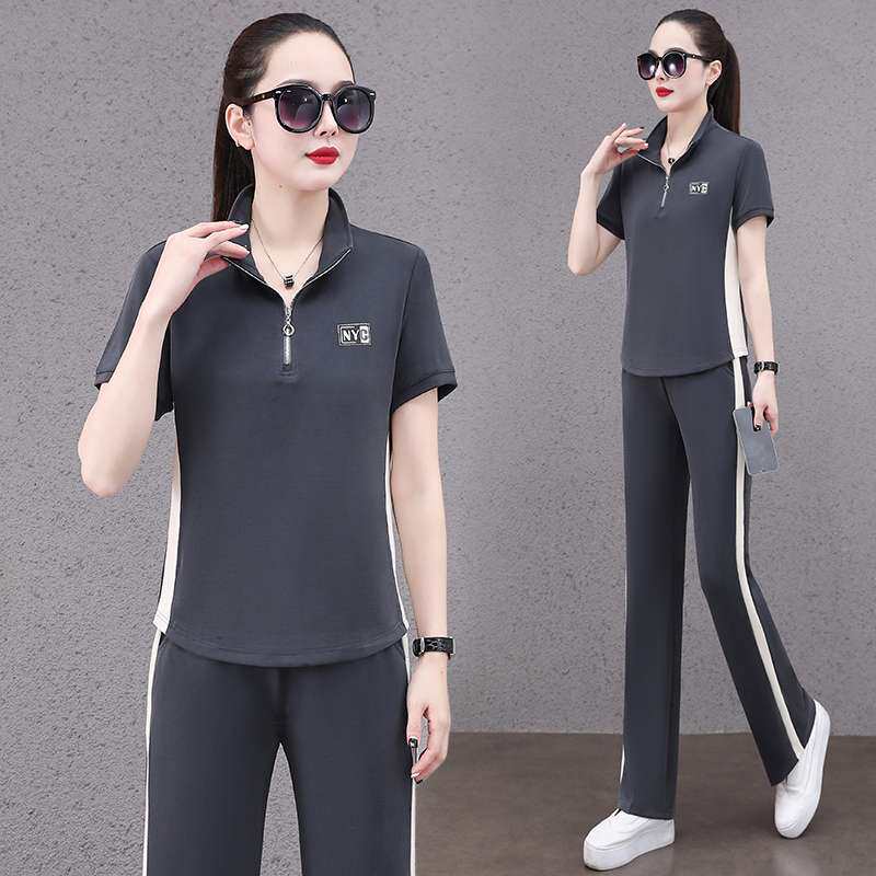 夏天冰丝运动休闲套装女2025新款时尚印花短袖妈妈减龄洋气运动装