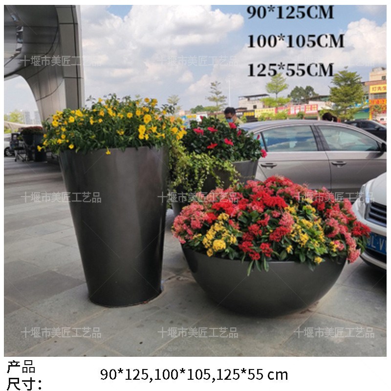 玻璃钢花盆e公园学校大花钵树池花坛树花器水墨画花池木纹效果盆