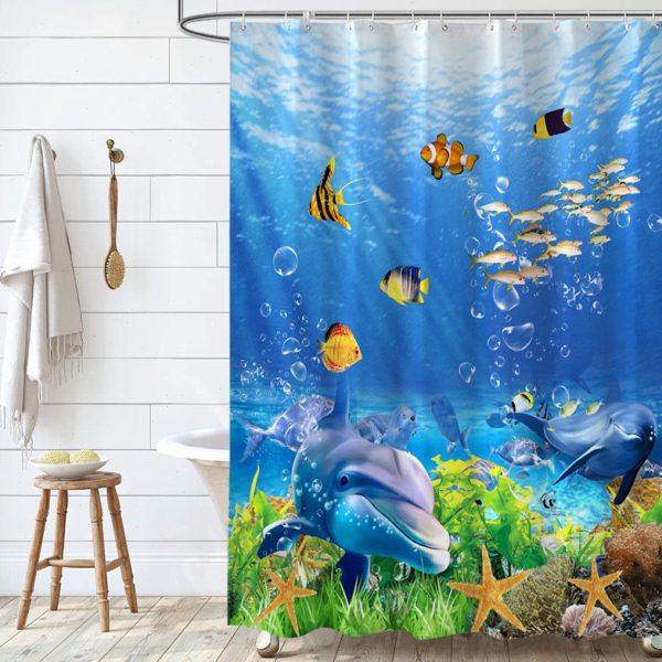 卡通海洋鱼浴帘卧室隔断帘加厚防水防霉布浴室挂帘门帘海豚窗帘
