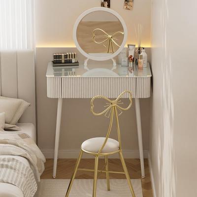 小户型简约现代梳妆台卧室法式奶油风玻璃书桌化妆台一体桌椅组合