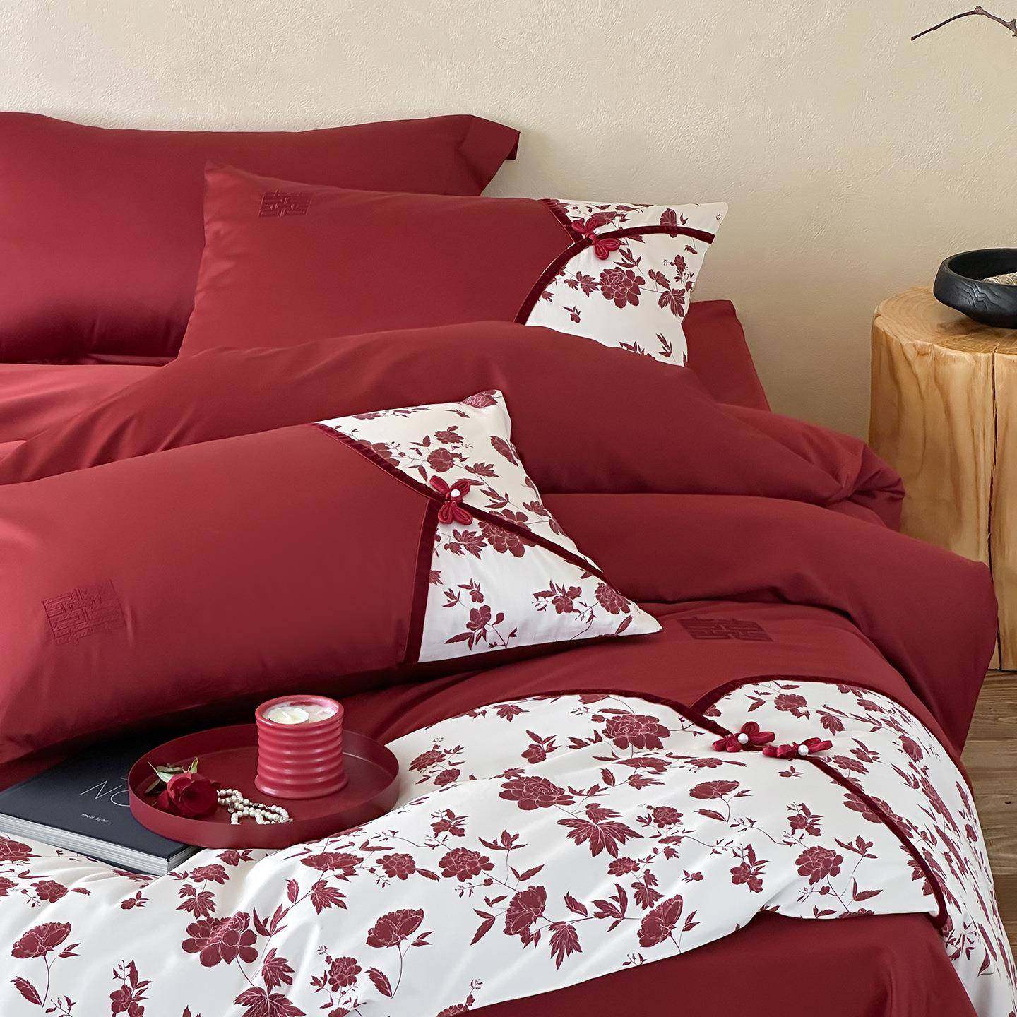 新中式婚礼床上用品全棉长绒棉轻奢四件套婚庆印花盘扣款纯棉被套