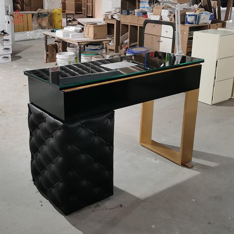 奢华黑色PU簇绒皮革玻璃顶美甲沙龙双美甲桌木制金色沙龙美甲桌