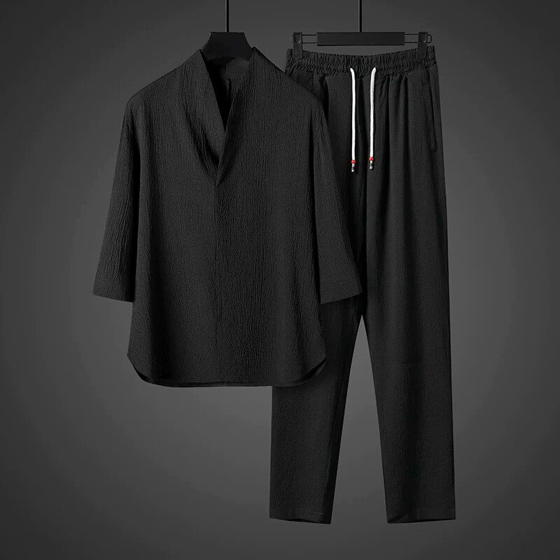 高端新中式冰丝短袖t恤男士套装2026新款春夏季V领国风汉服男款潮