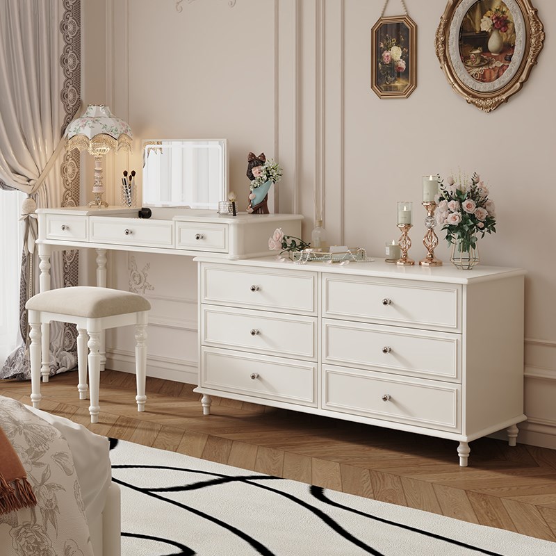 法式实木梳妆台斗柜一体卧u室奶油风高级感床尾新款翻盖化妆桌转