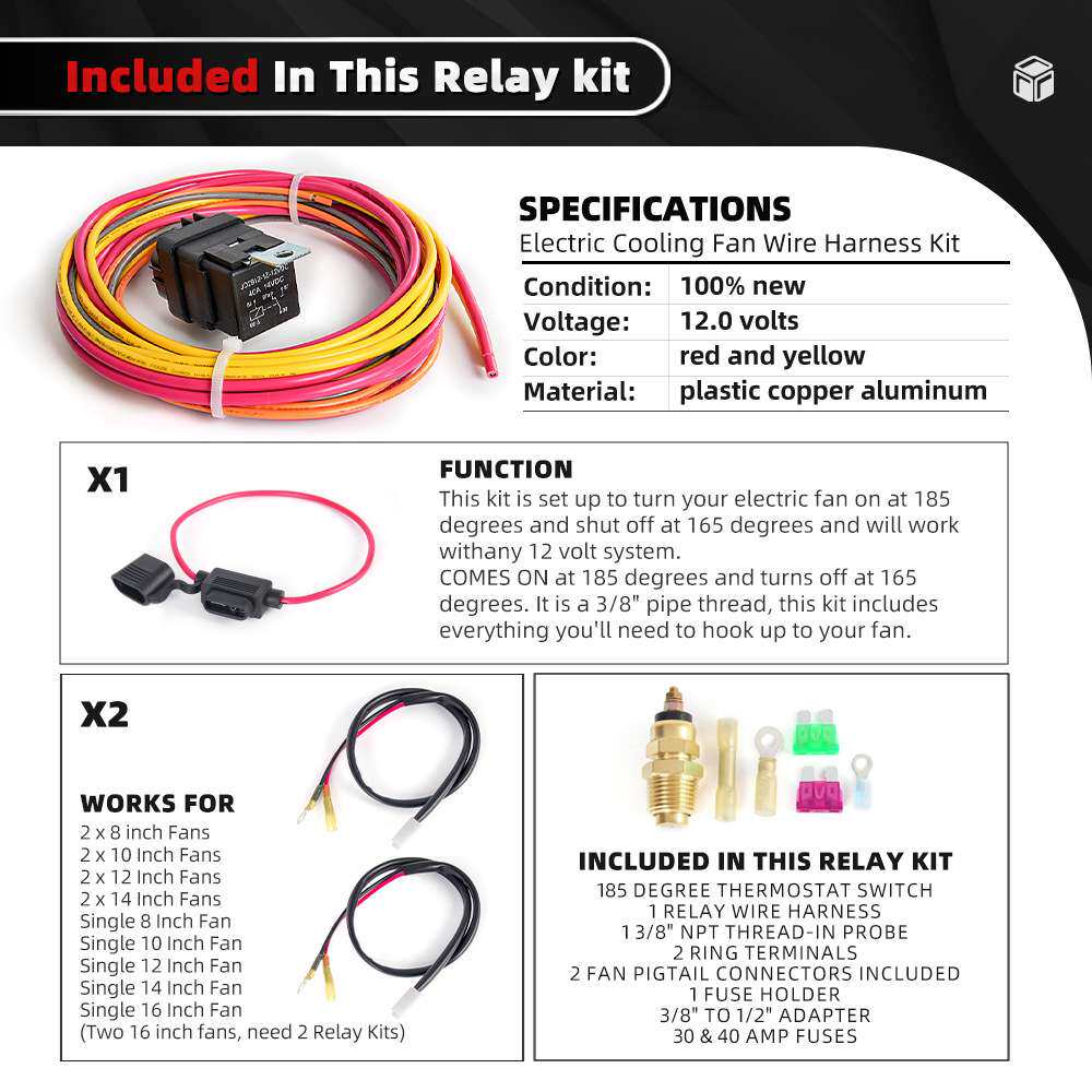 185开165关双电动冷却风扇恒温器线束 12V40A汽车继电器线束套件