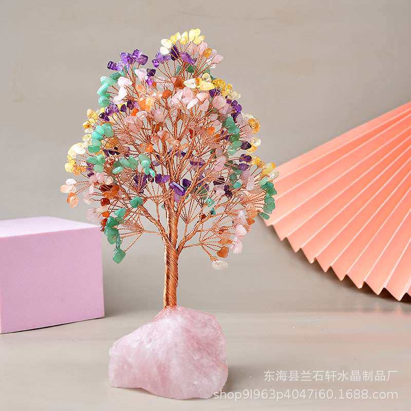 厂家供货水晶发财树 天然粉晶底座碎石铜线生命树办公室装饰摆件