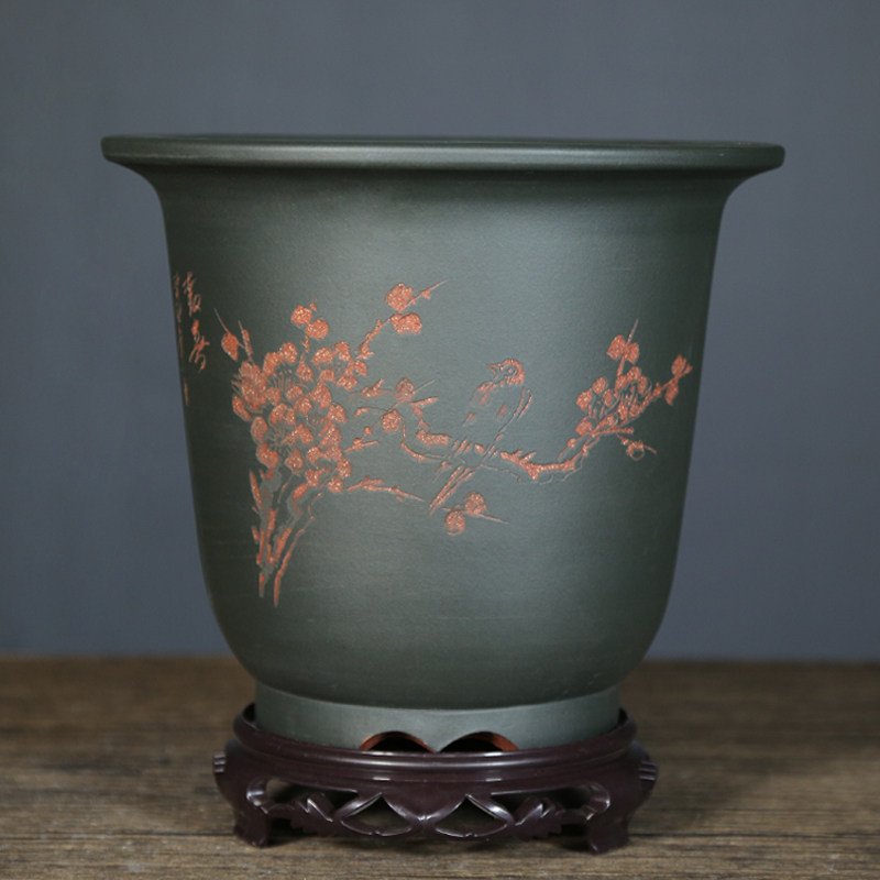 紫砂花盆兰花盆墨绿泥古典刻绘京钟盆H室内阳台客厅绿植君子兰花