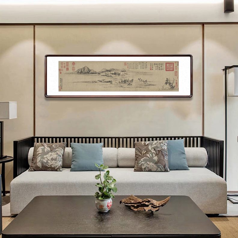 客厅横版图仿古挂画中式国画装饰画水墨山水画书房水村赵孟頫茶室