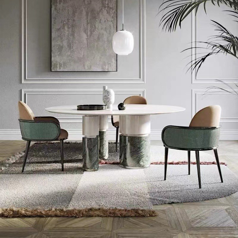 意式大理石圆桌家用小户型现代C简约圆形岩板椅组合带转盘饭桌