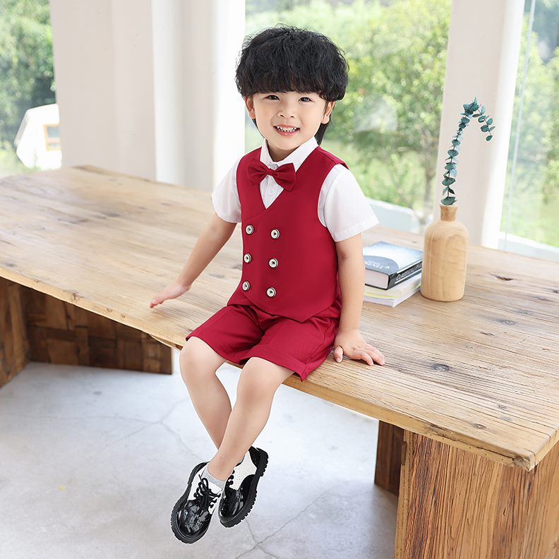 小夏季婚礼伴郎西装衣服正装男西服儿童孩花童男童礼服套装红色
