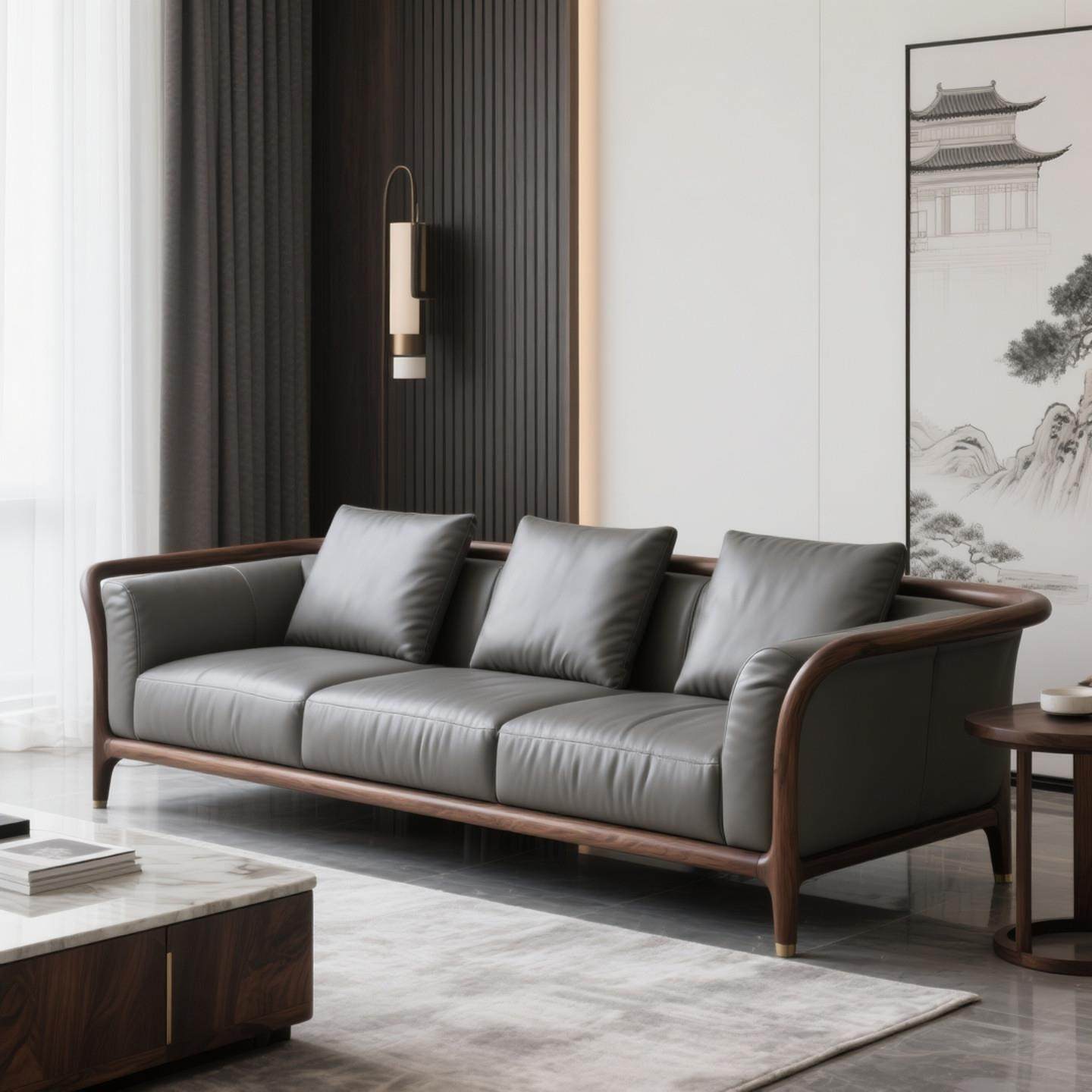 新中式实木意式沙发北美黑胡桃木大小户型轻奢真皮样板房家具定制