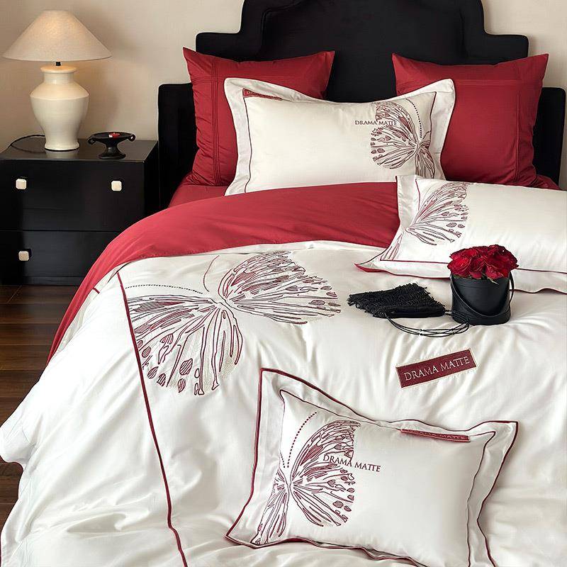 红色长绒棉婚庆全棉四件套蝴蝶刺绣结婚纯棉被套床单婚嫁床上用品