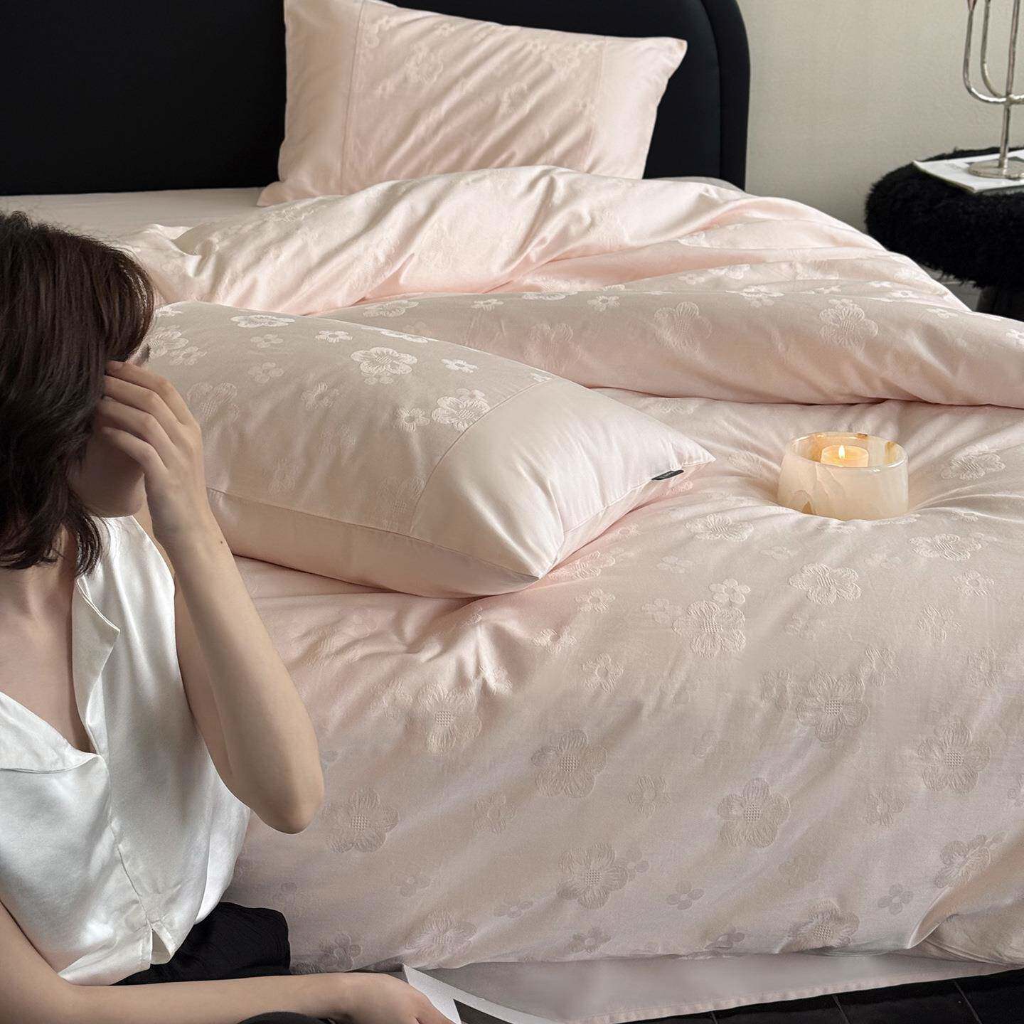 女生法式提花全棉四件套100S高支长绒棉秋冬新品纯棉被套床单床笠