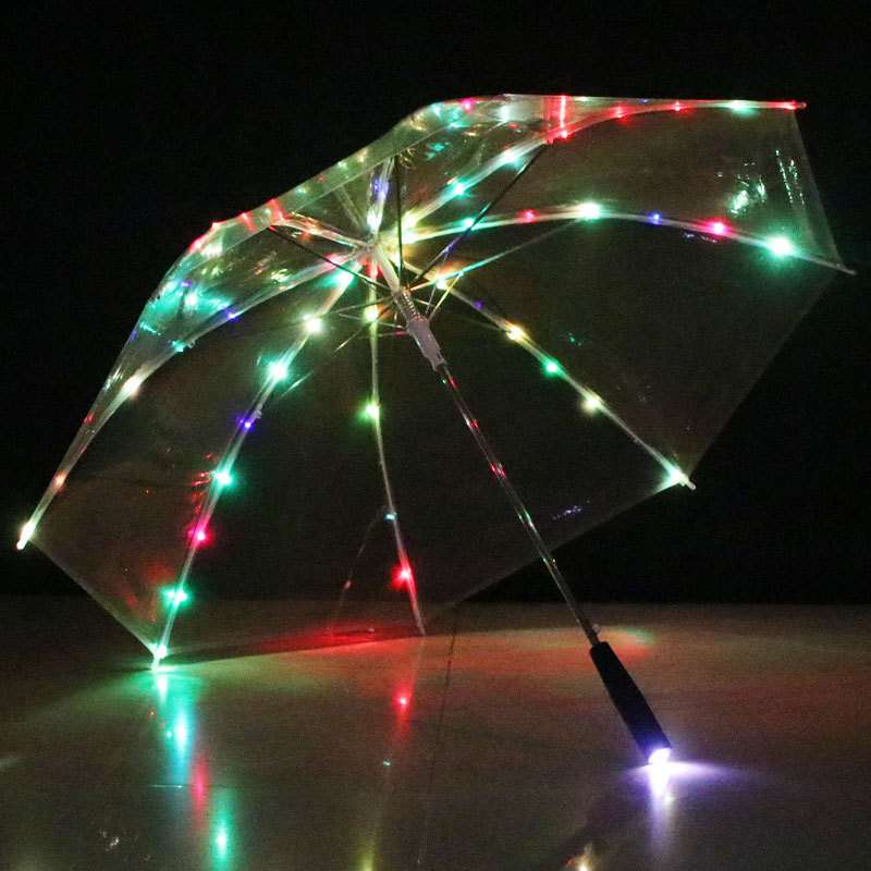 厂家直销创意七彩发光雨伞 LED照明灯光伞 黑夜信号长柄透明伞