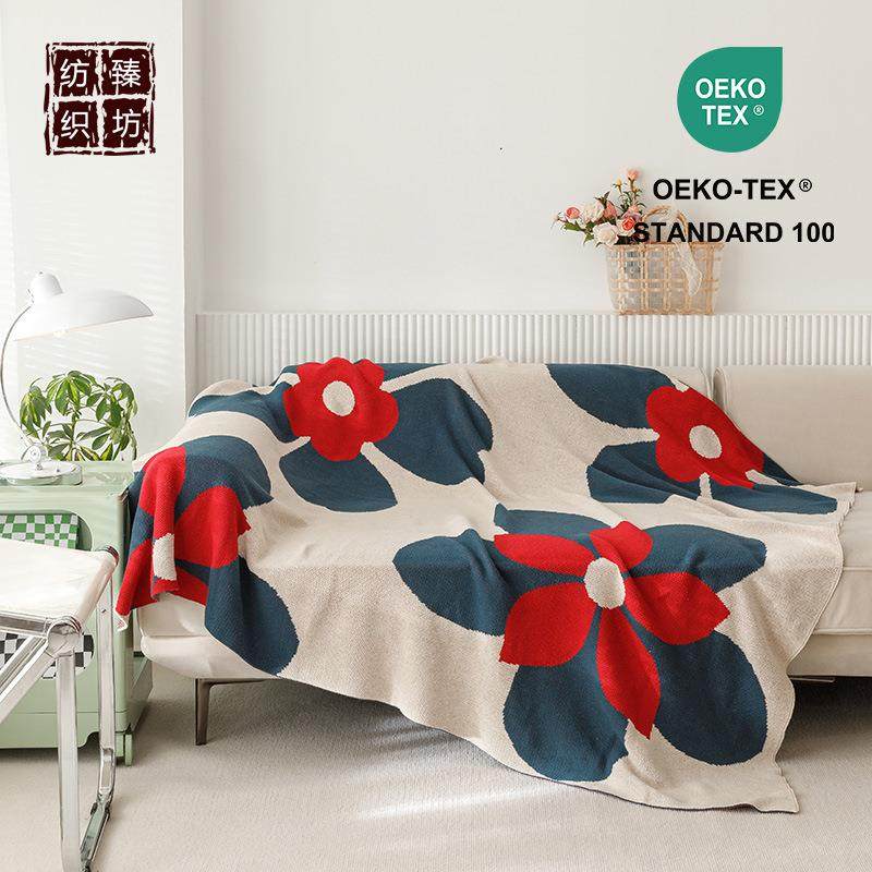 全棉轻薄花朵毛线针织盖毯 办公午休毯沙发巾家居软装配饰