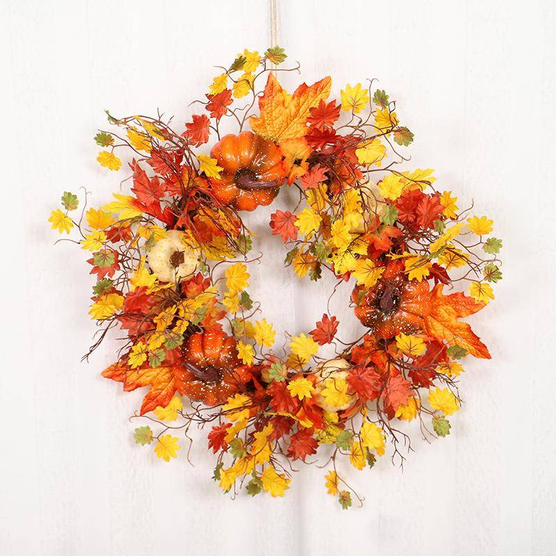 鸿禹 仿真白南瓜小叶藤圈花环秋色枫叶花圈装饰感恩节家居门饰花